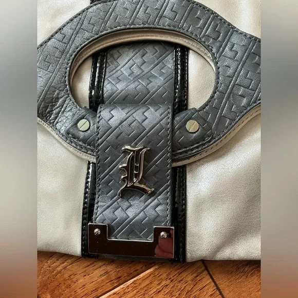 L.A.M.B Metallic Leather Carlisle Foldover Convertible Clutch, Ivory and Gray - Picture 3 of 11